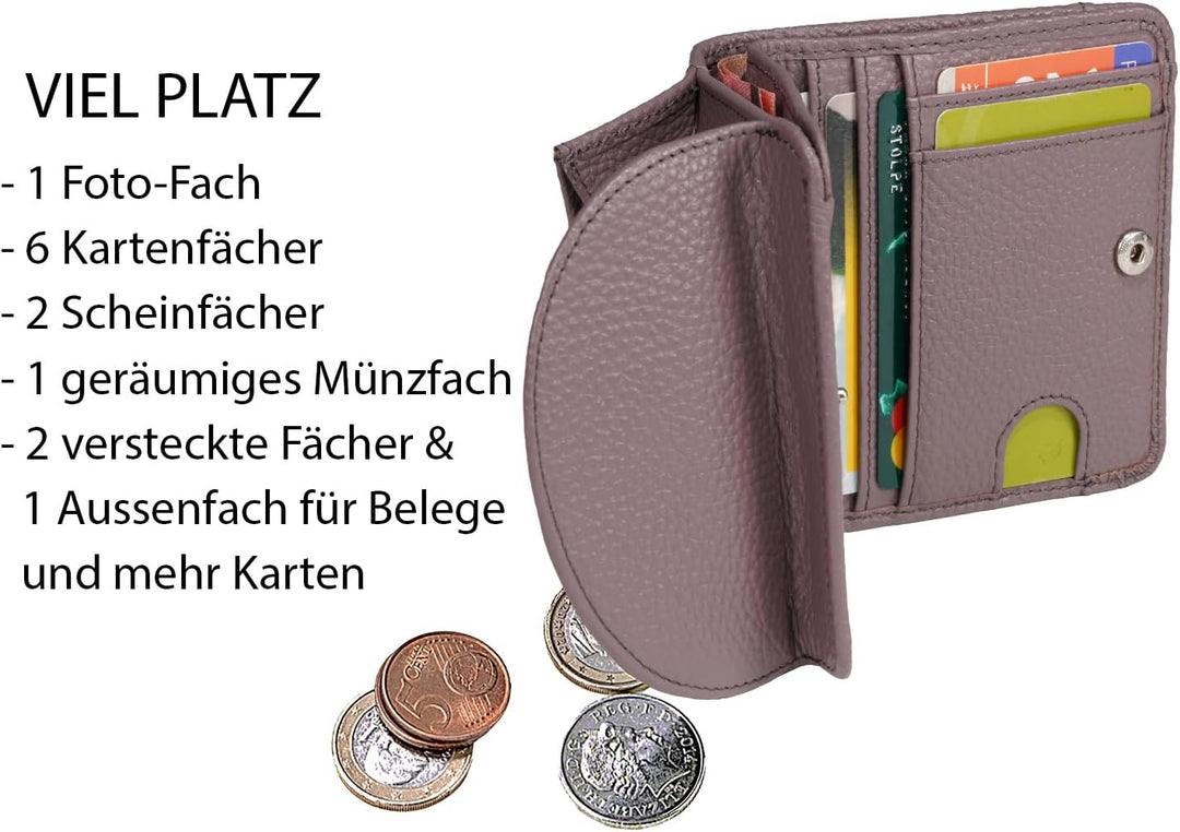 Geldtasche Damen klein, Reise Portemonnaie, viele Fächer, Leder Flieder, RFID Blocker, Münzfach gros