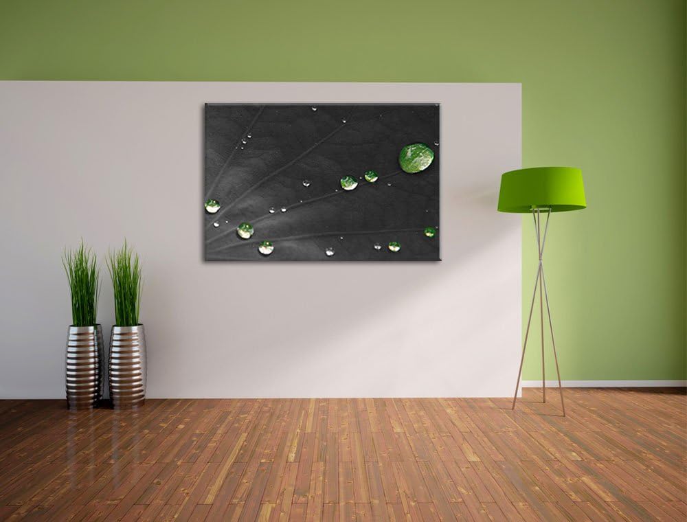 Dark winzige Wassertropfen auf grünem Blatt schwarz/weiss auf Leinwand, XXL riesige Bilder fertig ge
