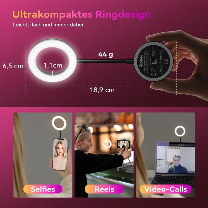 Ringlicht Handy, Rollei Magnetische Selfie Light Kompatibel mit iPhone Android Smartphone Tablet Lap