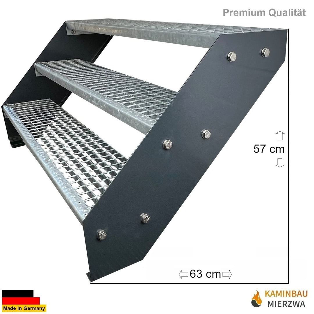 Premium Stahl Treppe Verzinkt &amp; Anthrazit Pulverbeschichtet 3 Stufen (Breite 140 cm) (Höhe 57 cm) We