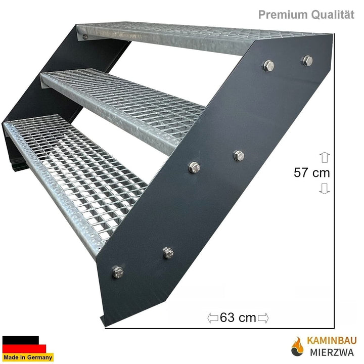 Premium Stahl Treppe Verzinkt &amp; Anthrazit Pulverbeschichtet 3 Stufen (Breite 140 cm) (Höhe 57 cm) We