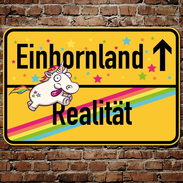 printplanet® Ortsschild Einhornland - 1 - Einhorn Schild aus 5 mm PVC Kunststoff - Grösse 600 mm x 4