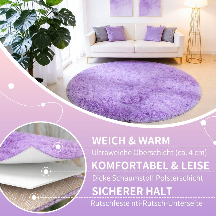 VOFUSHON Schlafzimmer Shaggy Plüsch runden Teppich Bunte Batik Faux Flauschiger Samt Moderne Innente