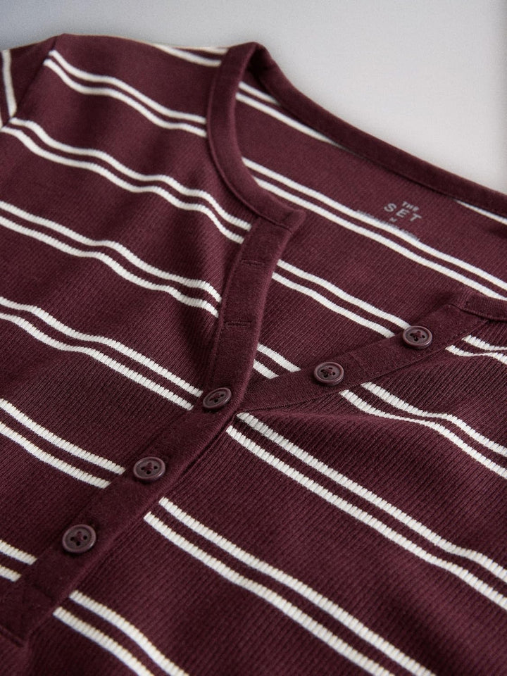 THE SET Damen t gerippte Henley-Langarmshirts, 4er-Pack XS Burgundy Red Stripe/Navy Blue/Brown/White