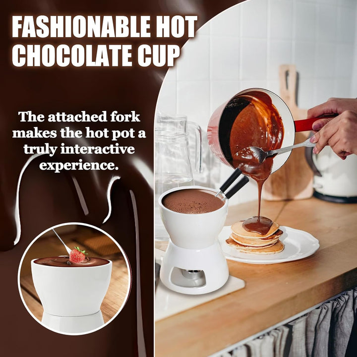 Schokofondue Tasse, 300ml Schokoladen Fondue Becher Set, Keramik Schokoladenfondue Tassen mit 4 Gabe