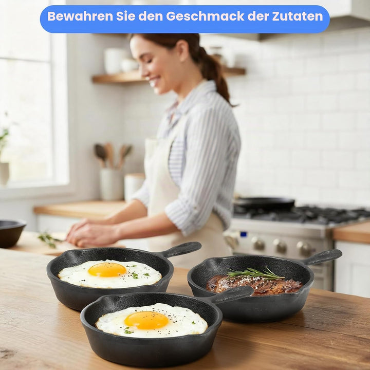 4 Stück Mini Gusseisenpfanne, 10.2cm Gusseisenpfanne klein mit Ausgiesser, Schwarze Kleine Bratpfann