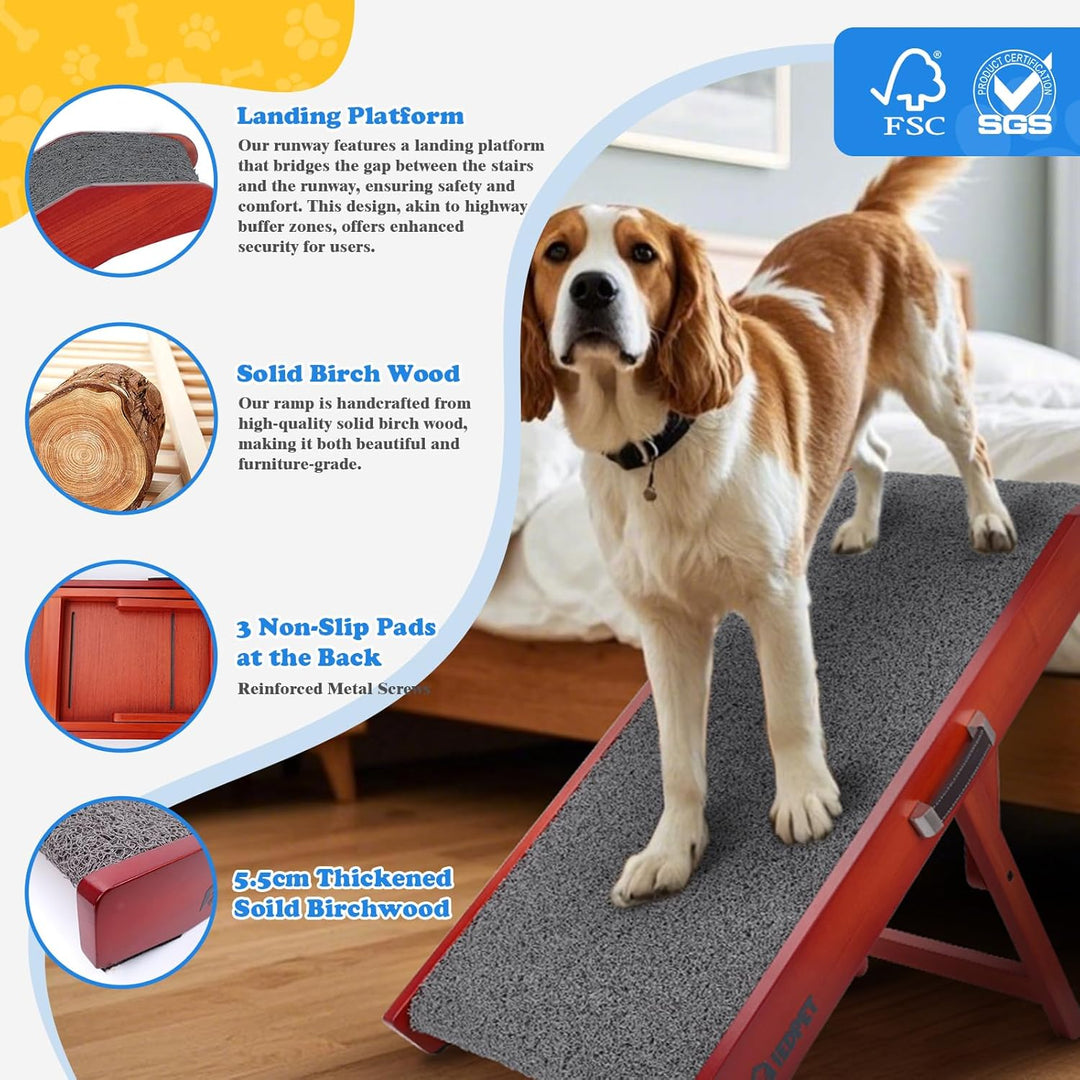 Hunderampe Hundetreppe für Hunde - Einstellbar 34-61,5 cm Spülschutz-Design Birkenholz Rampe Hund Kl
