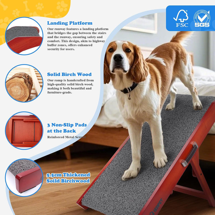 Hunderampe Hundetreppe für Hunde - Einstellbar 34-61,5 cm Spülschutz-Design Birkenholz Rampe Hund Kl