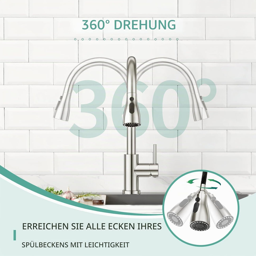 CREA Hochdruck Wasserhahnküche, Küchenarmatur mit 3 Funktionen Brause, Mischbatterie, Ausziehbar, 36