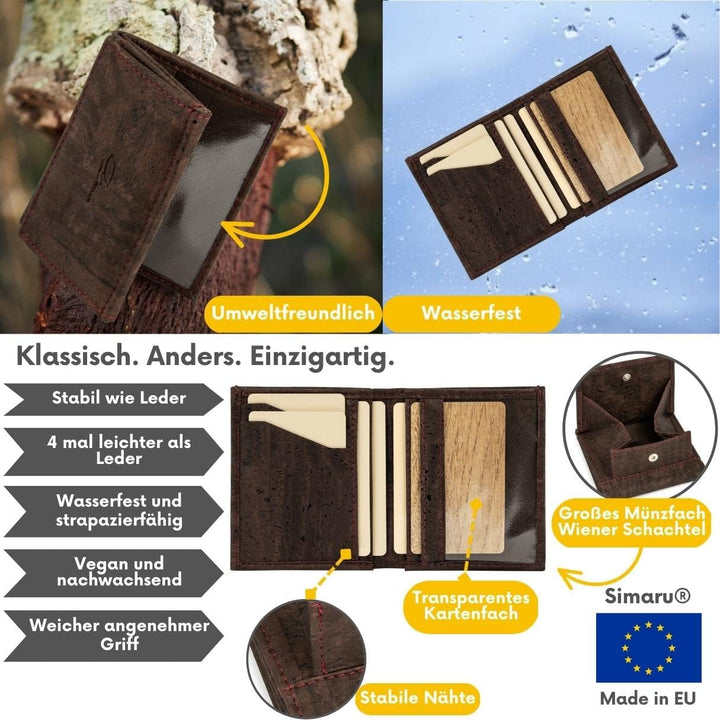 Simaru Geldbeutel aus Kork, vegan & kompakt, langlebige Geldbörse mit RFID-Schutz, Karten, Schein-&