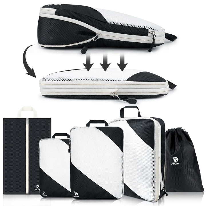 AiQInu Packing Cubes Compression, 5 Stück Packtaschen Kompression Koffer Organizer Set mit Wäschebeu