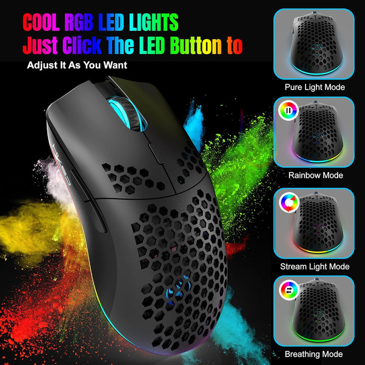 T66 PC Gaming Mouse, BT/2.4G Wireless/Wired, Lightweight Honeycomb Shell, Macro Program, Cool RGB Li