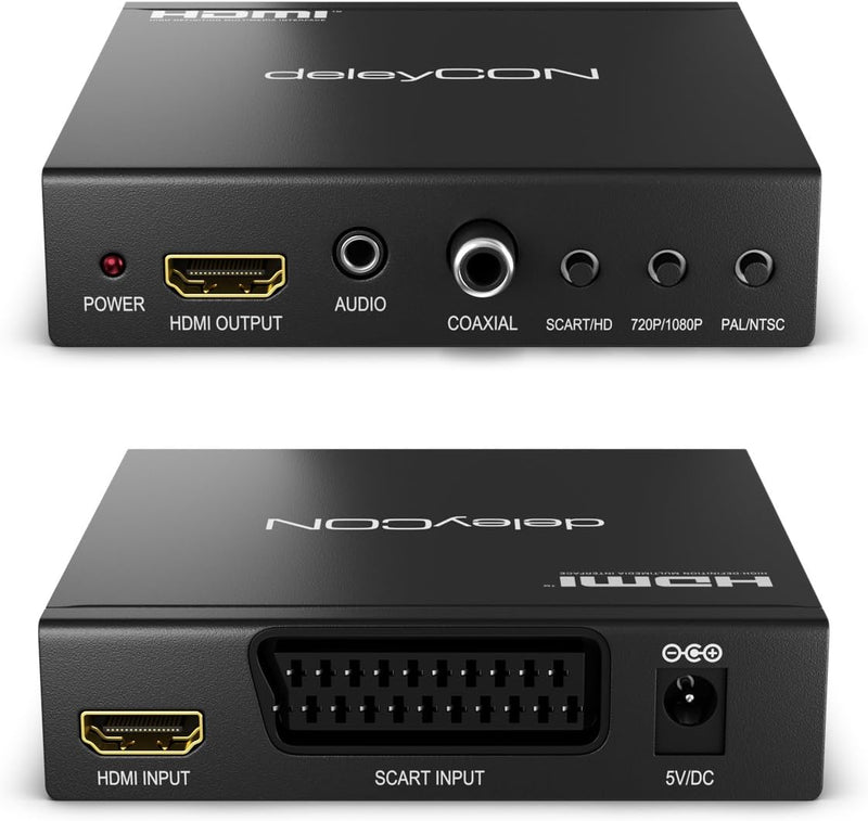 deleyCON SCART zu HDMI Konverter mit Audio Extractor SCART + HDMI Eingang auf HDMI Ausgang Koaxial +