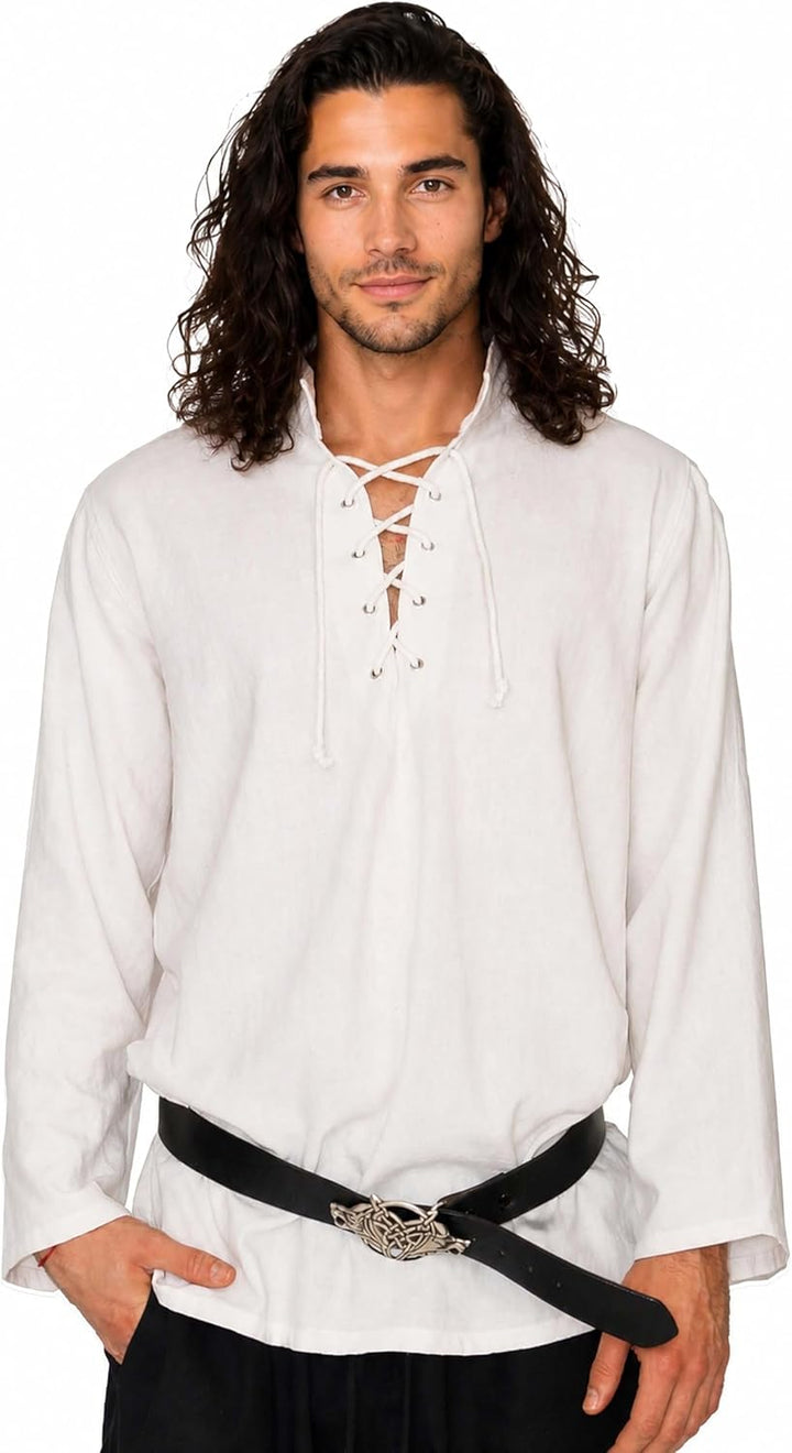 MAYLYNN Mittelalter Hemd Piratenhemd Wikinger Kelte Fischerhemd Yagumir, Gr. L L Weiss, L Weiss