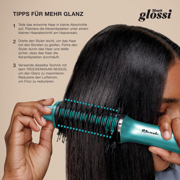 Shark Glossi 2-in-1-Styler mit Heissluft und Glanz-Finish, Türkis, Salonqualität, Keramikplatten, Vo