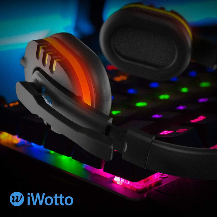 iWotto Gaming-Kopfhörer, Geräuschunterdrückung, Kopfhörer mit flexiblem Mikrofon, Bequeme RGB-Beleuc