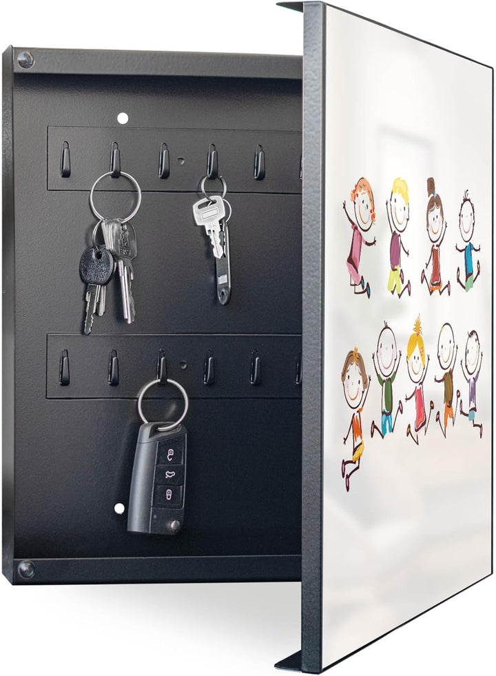 banjado® Grosser Schlüsselkasten Glas/Schlüsselbox 30cm x 30cm mit 50 Haken - Motiv Happy Kids/Schlü