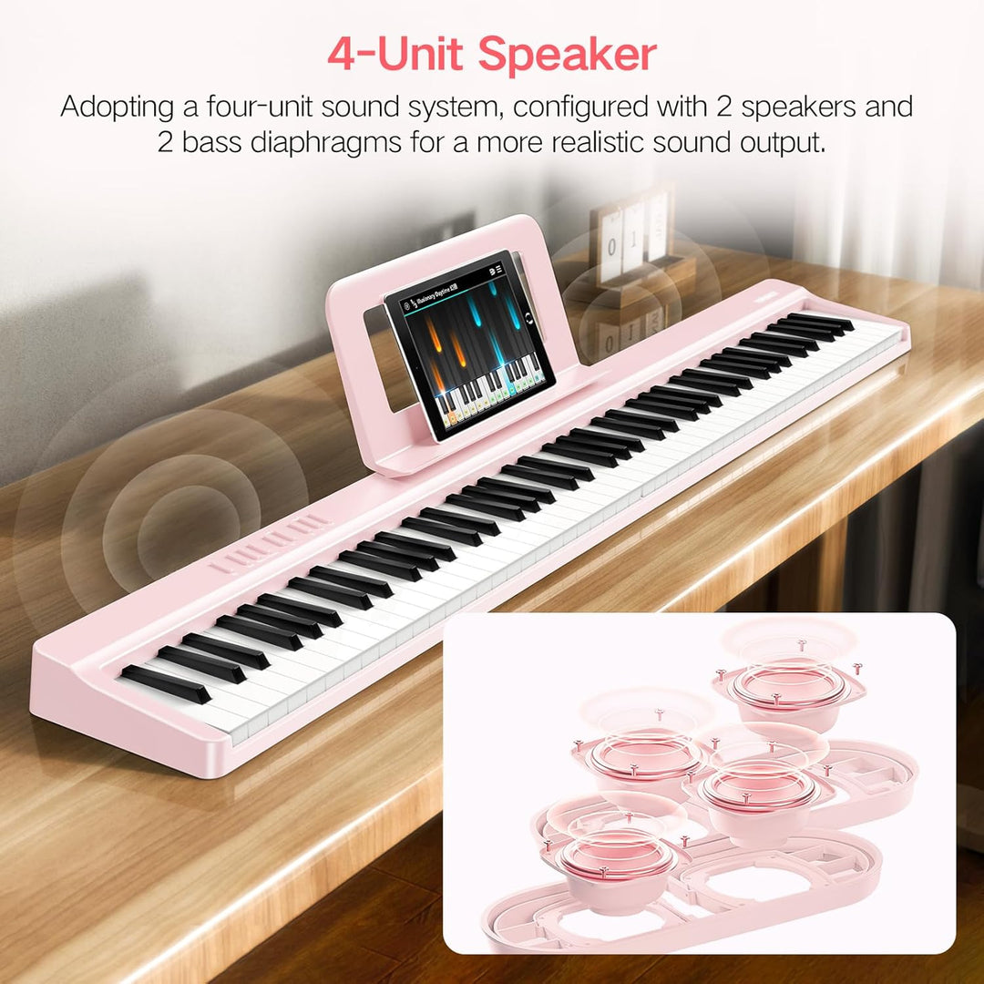 TERENCE E Piano 88 Tasten Rosa, Keyboard Piano mit Halbgewichtet, Faltbares Klavier mit Aufnahme und