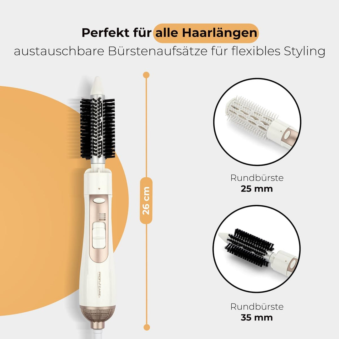 ProfiCare® Lockenbürste | Warmluft-Lockenbürste | 2 wechselbare Bürstenaufsätze | 2 Temperatur-/Leis