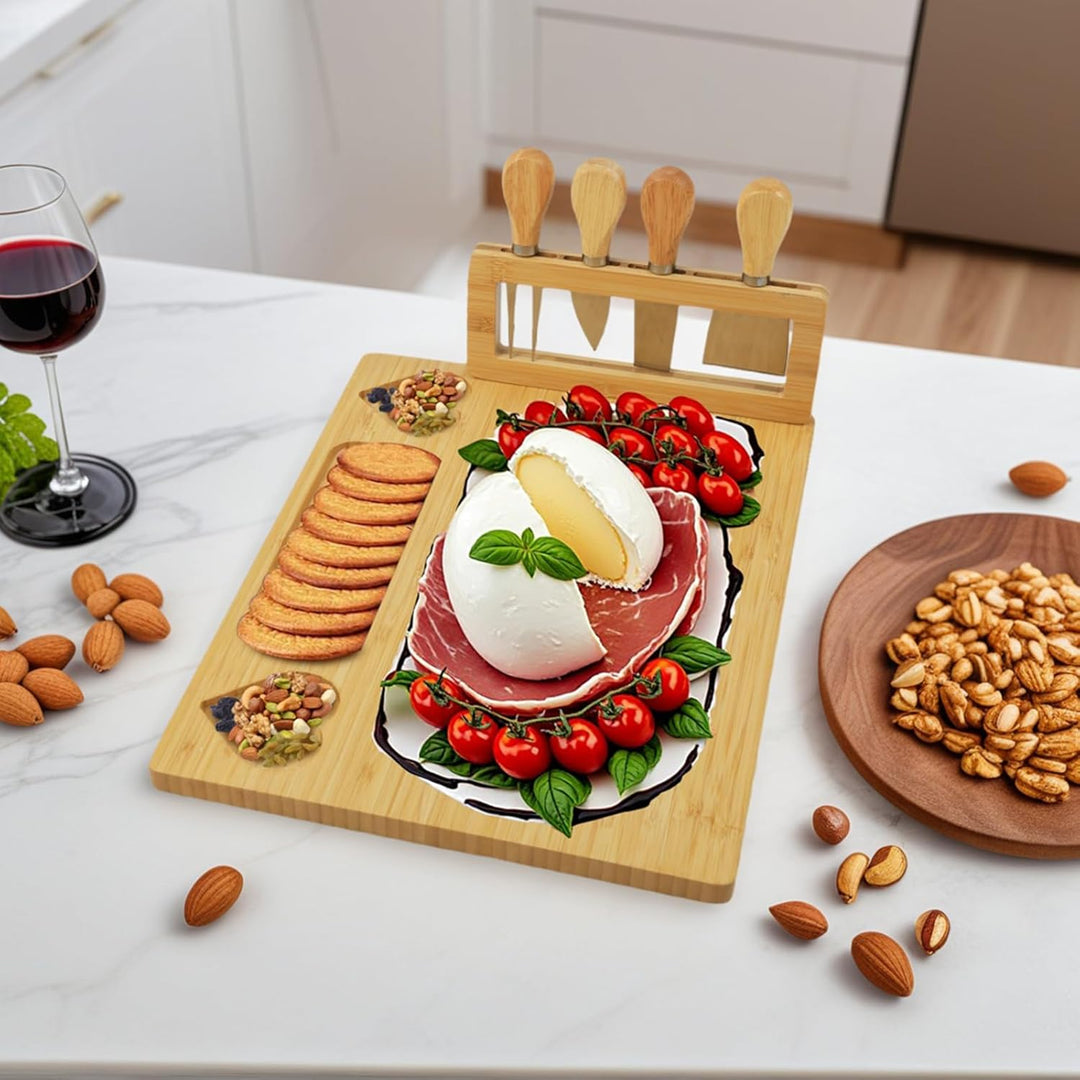 Käsebrett Set mit Käsewerkzeugen – Personalisiert Käsebrett Geschenkset, Herz-Design Bambus Servierp