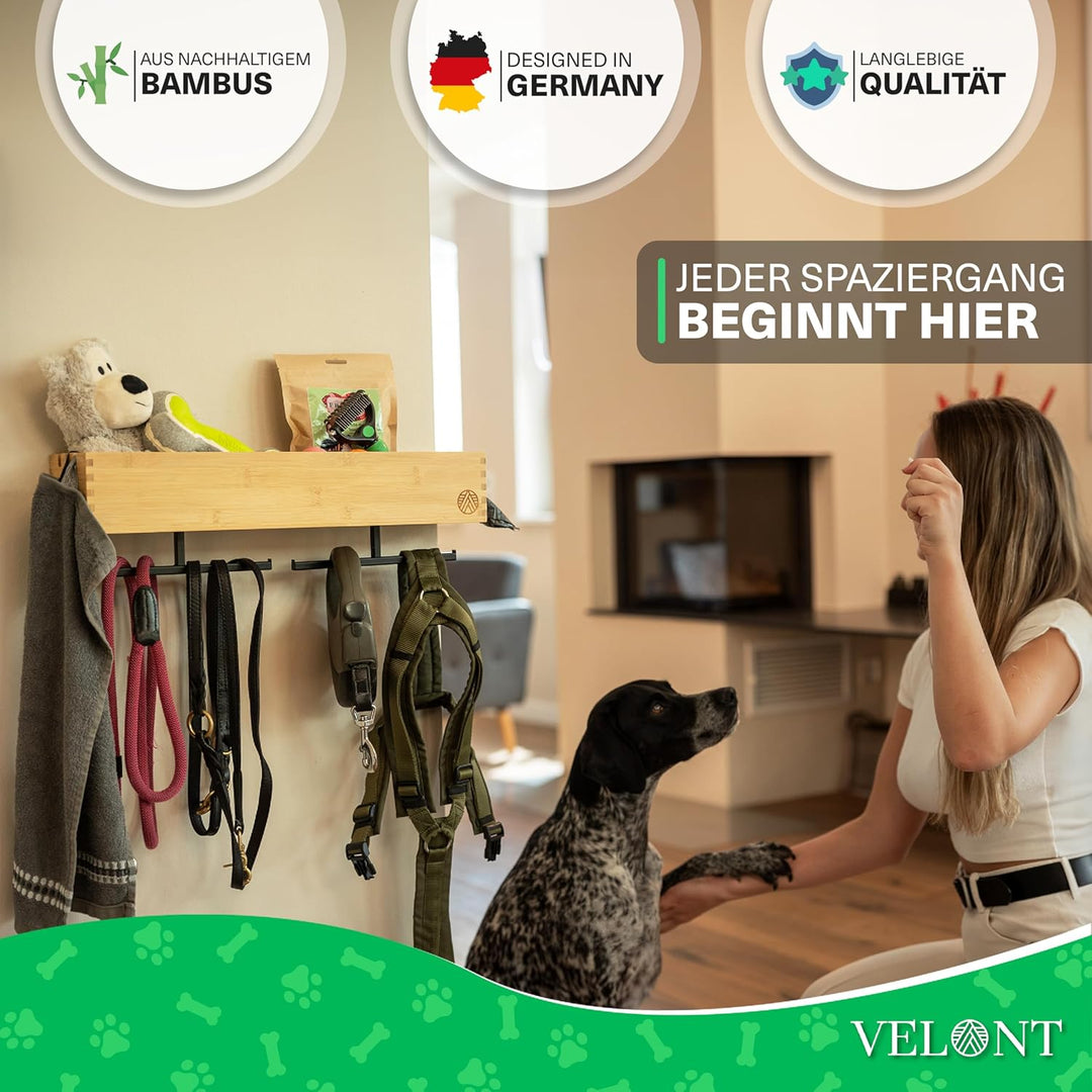 VELONT Hundegarderobe mit Ablage Personalisiert - Grösse XL - Perfekter Leinenparkplatz - Bambus - D