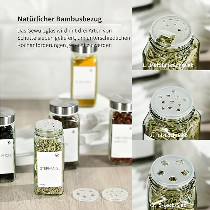 Miorkly Gewürzgläser Eckig Mit Streueinsatz - 12 Stück 120ml Gewürzdosen Mit Edelstahl Deckel, Streu