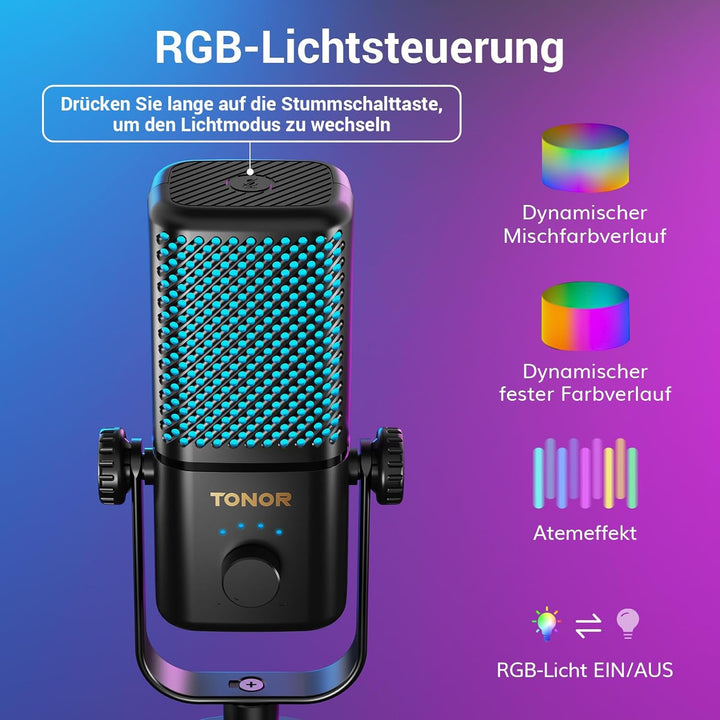 TONOR Gaming Mikrofon Kompatibel mit Xbox, Kondensator Mikrofon mit RGB, Mute/GAIN Kontrolle/Überwac