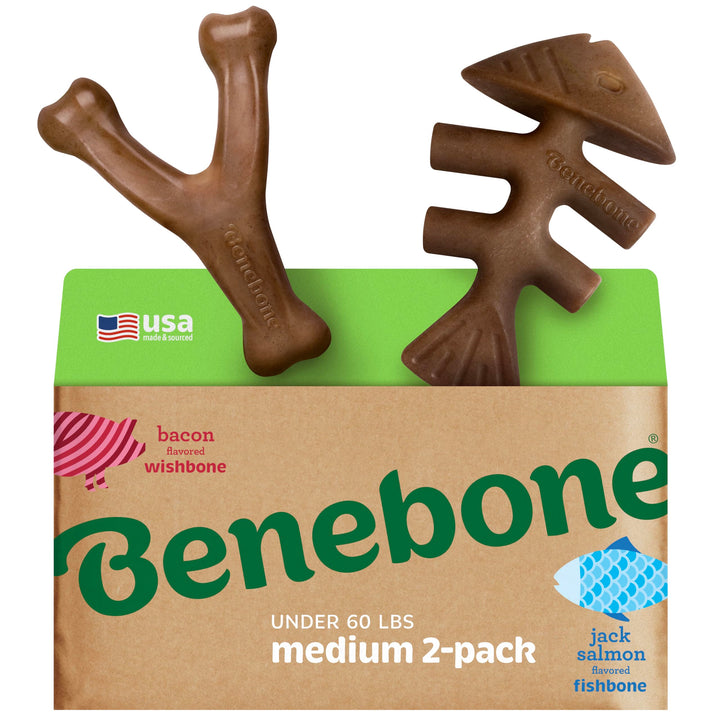 Benebone 2-Pack Indestructible Fishbone/Wishbone Dog Chew Toys, Long Lasting Tough Boredom Breaker f