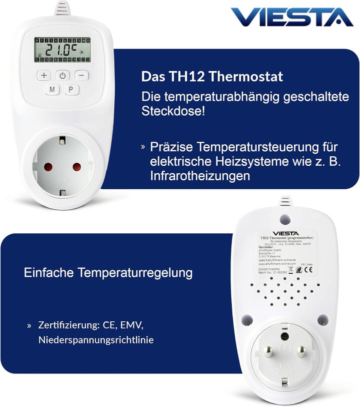 VIESTA TH12 Thermostat Thermostatstecker Steckdosenthermostat für Infrarotheizung Heizpaneele Heizun