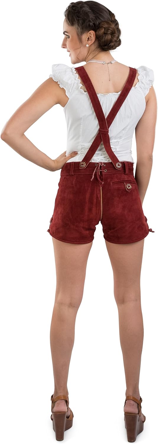 Damen Lederhose kurz - Trachtenlederhose Bergrose - Trachtenhose Hotpants mit Hosenträger 38 Rot, 38