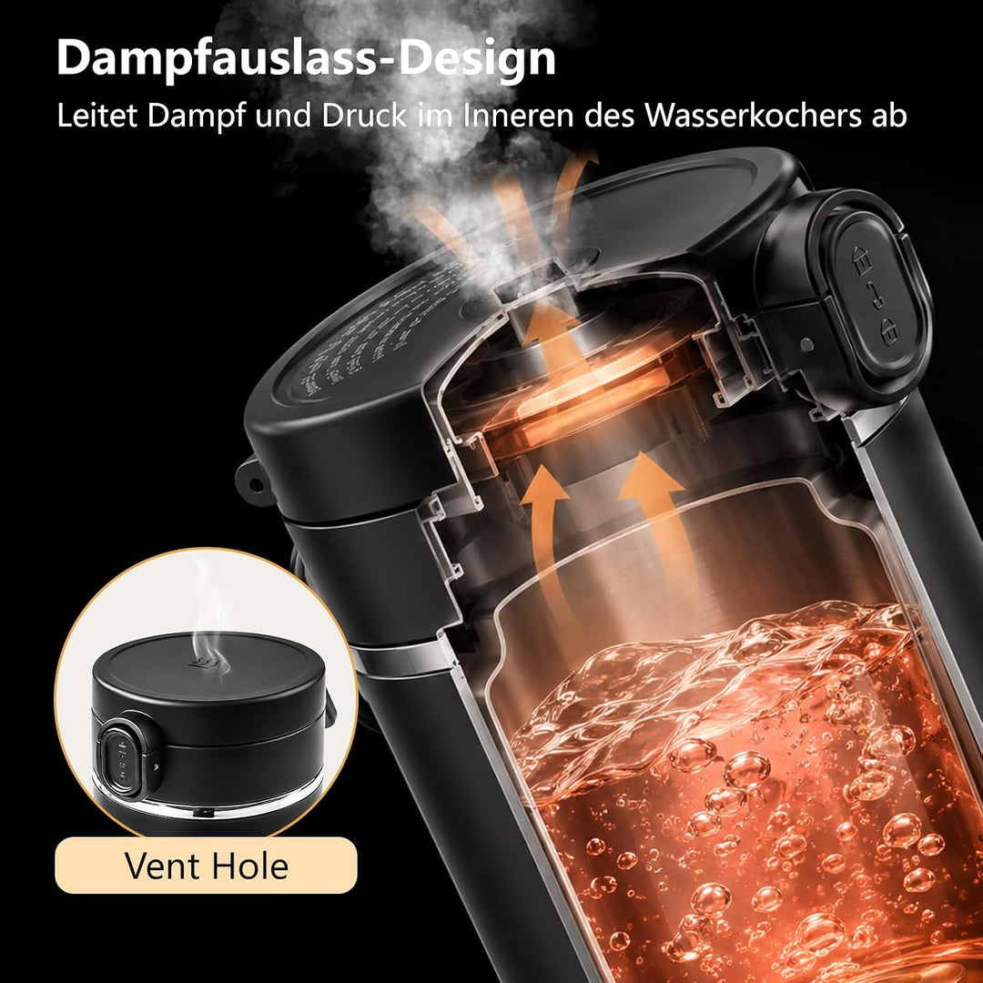 Skeufy 3-in-1 Reise Wasserkocher Klein mit Flaschenhülle &amp; Teesieb, Schwarz, Schwarz