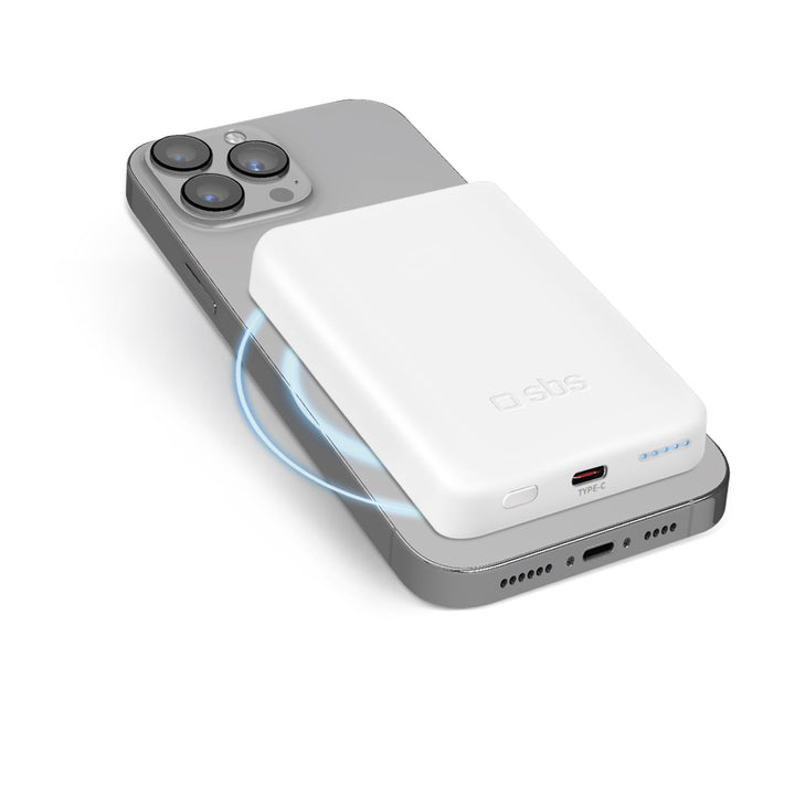 SBS Powerbank Akku-Pack 5000 mAh, kompatibel mit MagSafe, kabelloses Laden, USB-C-Anschluss, Status-