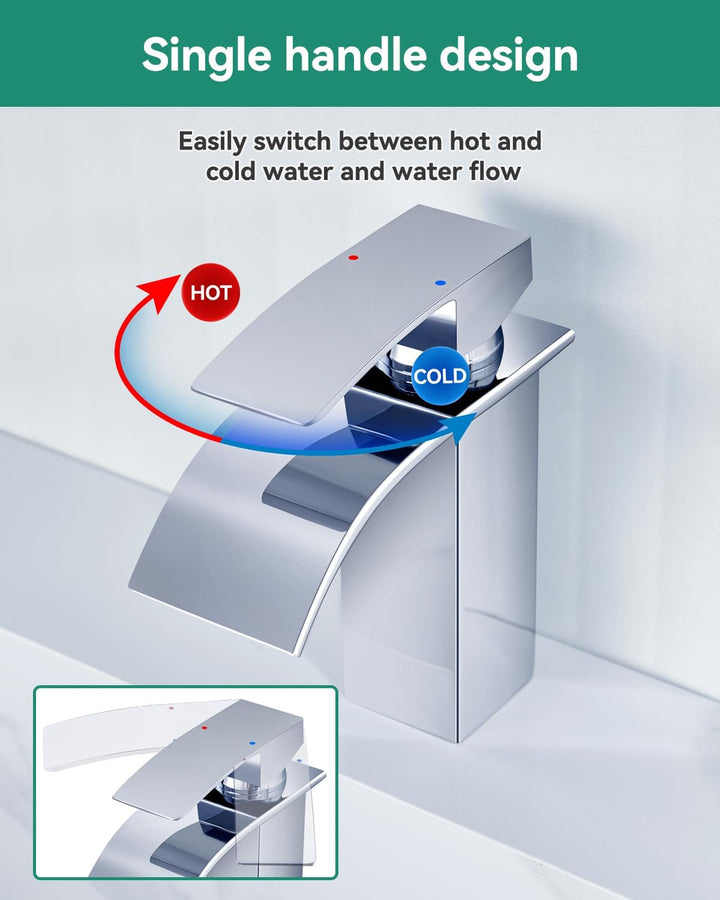 ANYCEE Wasserfall Wasserhahn Bad mit Auslauf Höhe 8,5cm, Edelstahl Waschtischarmatur Chrom, Badezimm