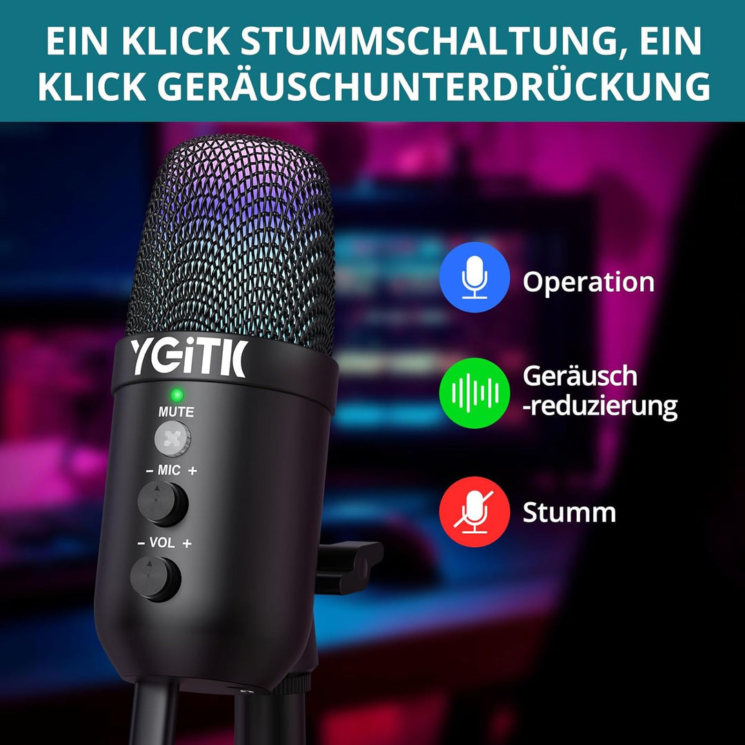 YGiTK USB-Kondensatormikrofon, Mikrofon für PS4 PS5 Gaming, Mikrofon mit Dynamisches RGB Effekt, Stu