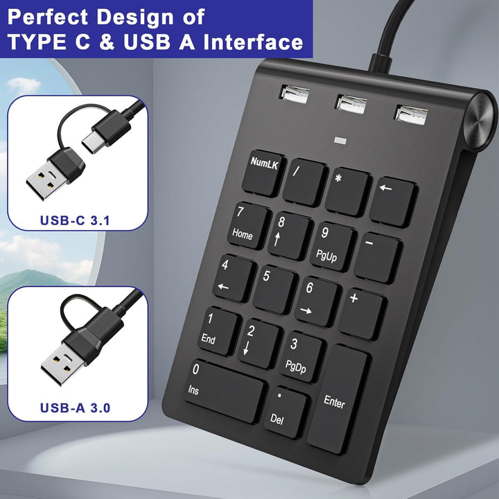 USB C & USBA Numpad Wired – Nummernblock mit 3 USB 2.0 Hub, 18-Tasten Ziffernblock für Laptop/Deskto