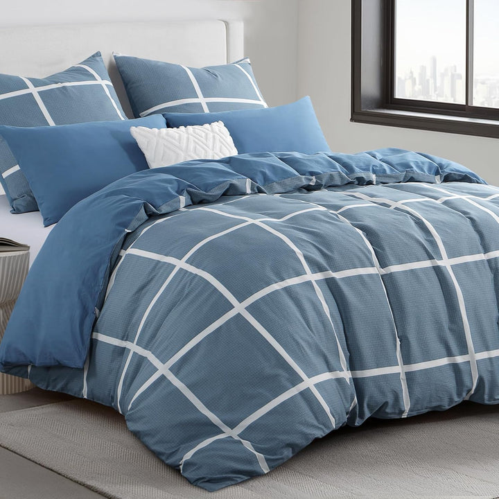 RUIKASI Bettwäsche 220x240 Baumwolle 3 teilig Denimblau - Baumwollbettwäsche 220 x 240 mit Karo Blau