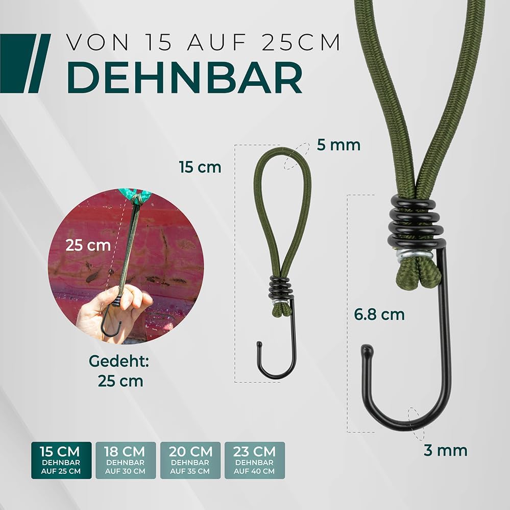 CargoVA® - 40 Spanngummis mit Haken und praktischer Tasche - Expanderhaken für Planen und Netze Oliv
