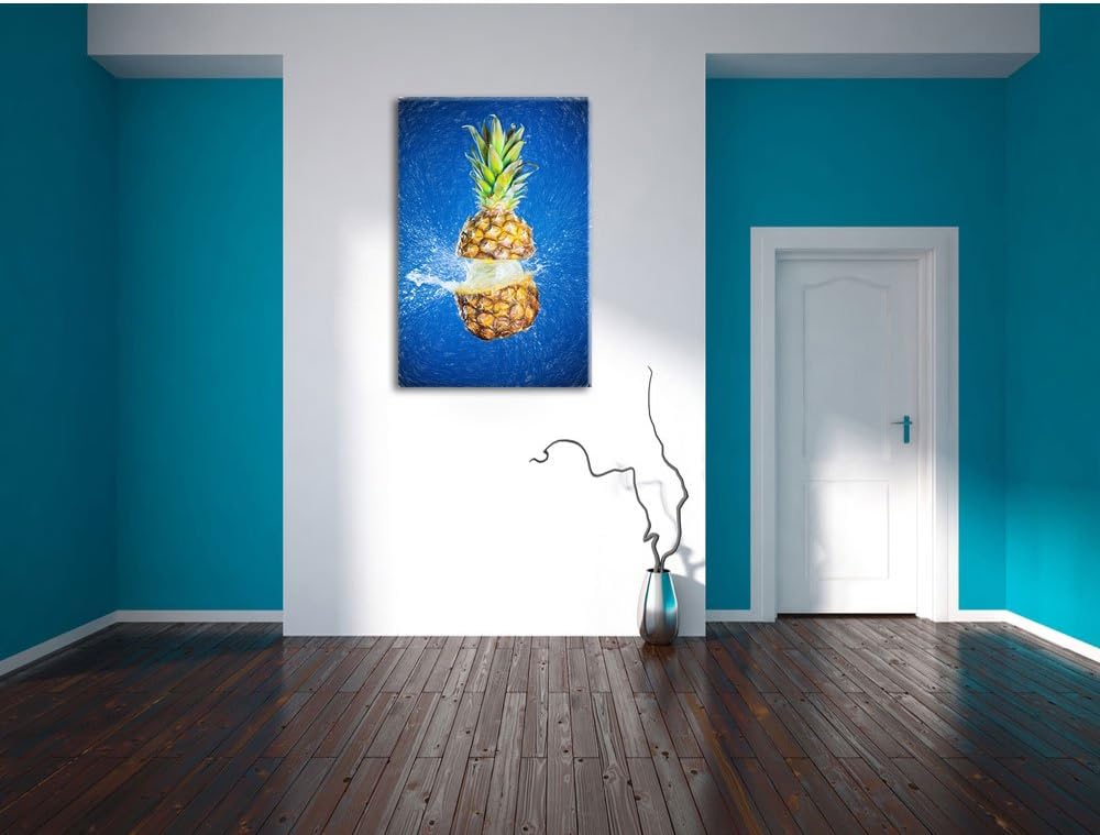 Pixxprint Ananas mit Wasser bespritzt Kunst Buntstift Effekt, Format: 100x70 auf Leinwand, 100x70