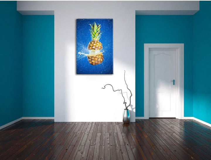 Pixxprint Ananas mit Wasser bespritzt Kunst Buntstift Effekt, Format: 100x70 auf Leinwand, 100x70