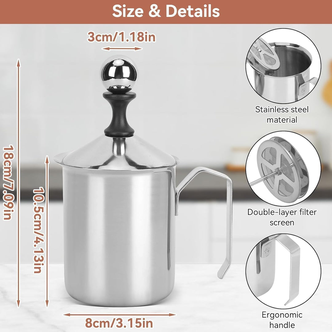 Manueller Milchaufschäumer, Handmilchaufschäumer aus Edelstahl mit Griff und Deckel für Kaffee Latte