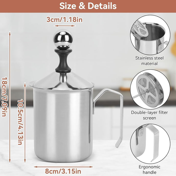 Manueller Milchaufschäumer, Handmilchaufschäumer aus Edelstahl mit Griff und Deckel für Kaffee Latte
