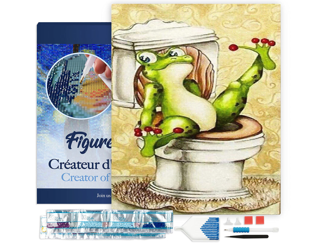 Figured'Art Diamond Painting Erwachsene 40x50cm Mit Rahmen Ganze Leinwand gespannt Frosch in Toilett