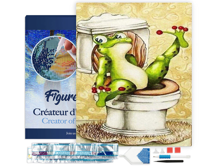 Figured'Art Diamond Painting Erwachsene 40x50cm Mit Rahmen Ganze Leinwand gespannt Frosch in Toilett