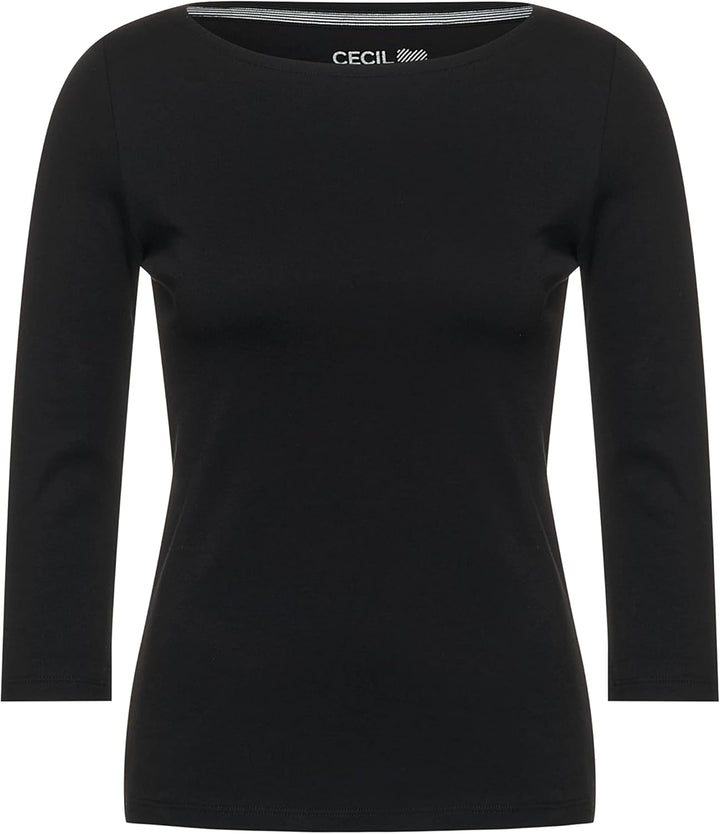 Cecil Women's Basic Cotton Shirt, Boat Neckline XS Schwarz_old Version, XS Schwarz_old Version