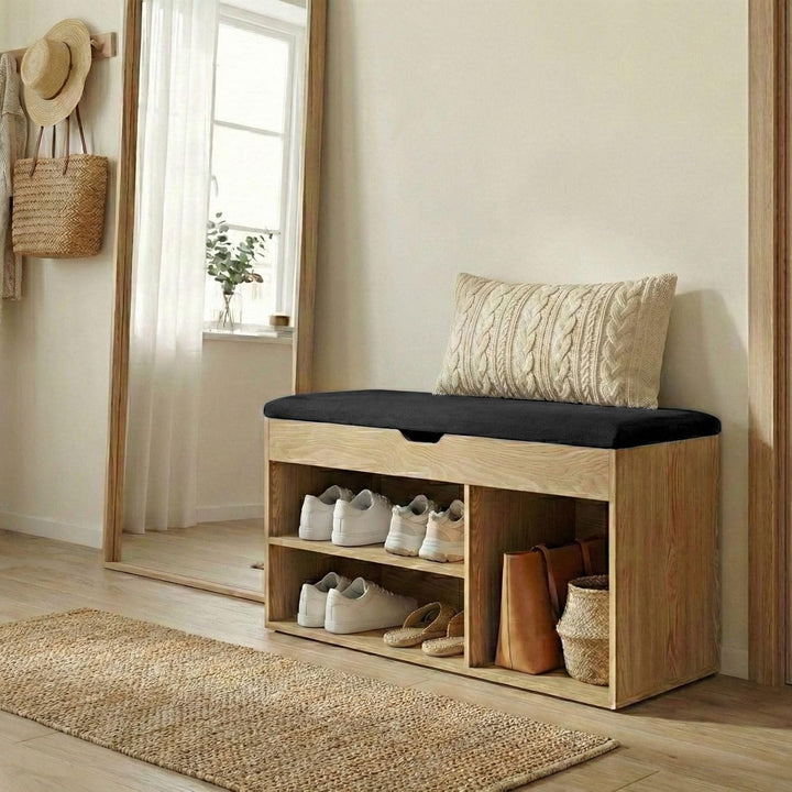 BOXIMO TRIA Schuhschrank mit Sitzbank, MDF und Polyester, 80 x 43 x 30 cm (Braun), Braun