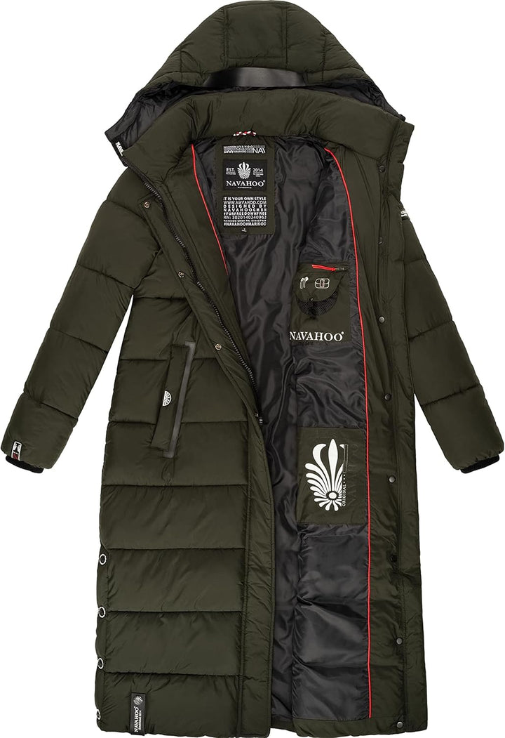 Navahoo Damen Wintermantel Warmer Steppmantel lang mit Abnehmbarer Kapuze Isalie XS-XXL XXL Dark Oli