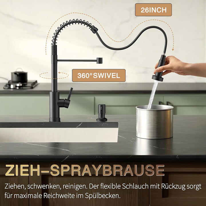 Wasserhahn Küche Schwarz - Hochdruck Küchenarmatur Ausziehbar - 360°Drehbar 3 Sprühfunktionen - Spir