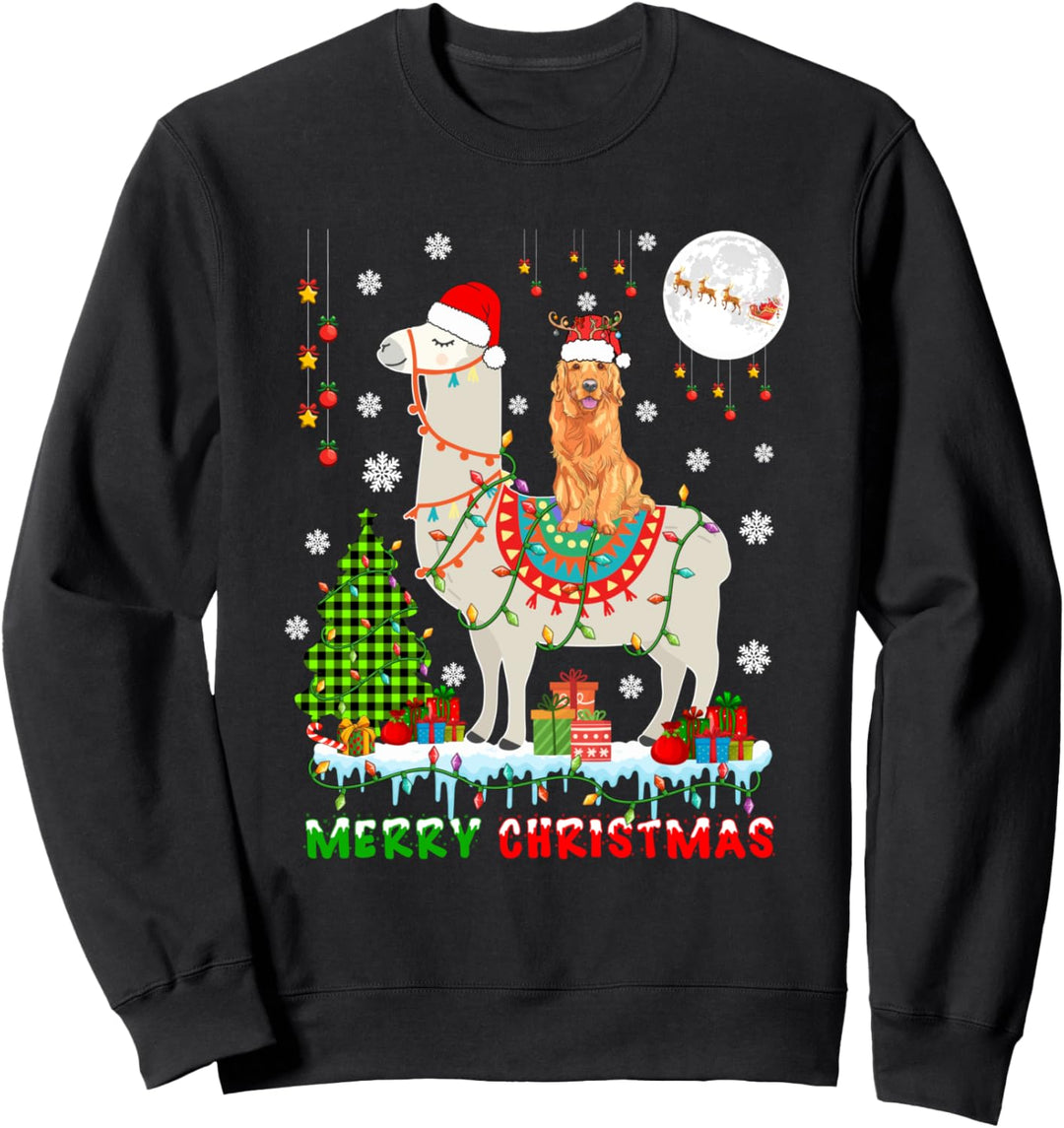 Merry Christmas Santa Golden Retriever Riding Llama Farmer Sweatshirt