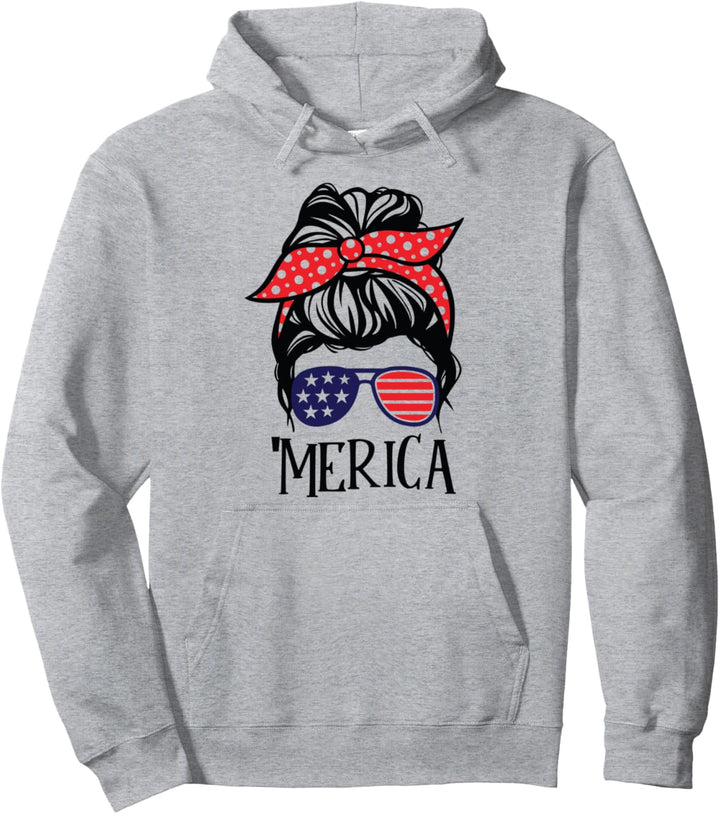 Merica 4. Juli USA Flagge Mädchen Damen Sonnenbrille Unordentlicher Dutt Pullover Hoodie