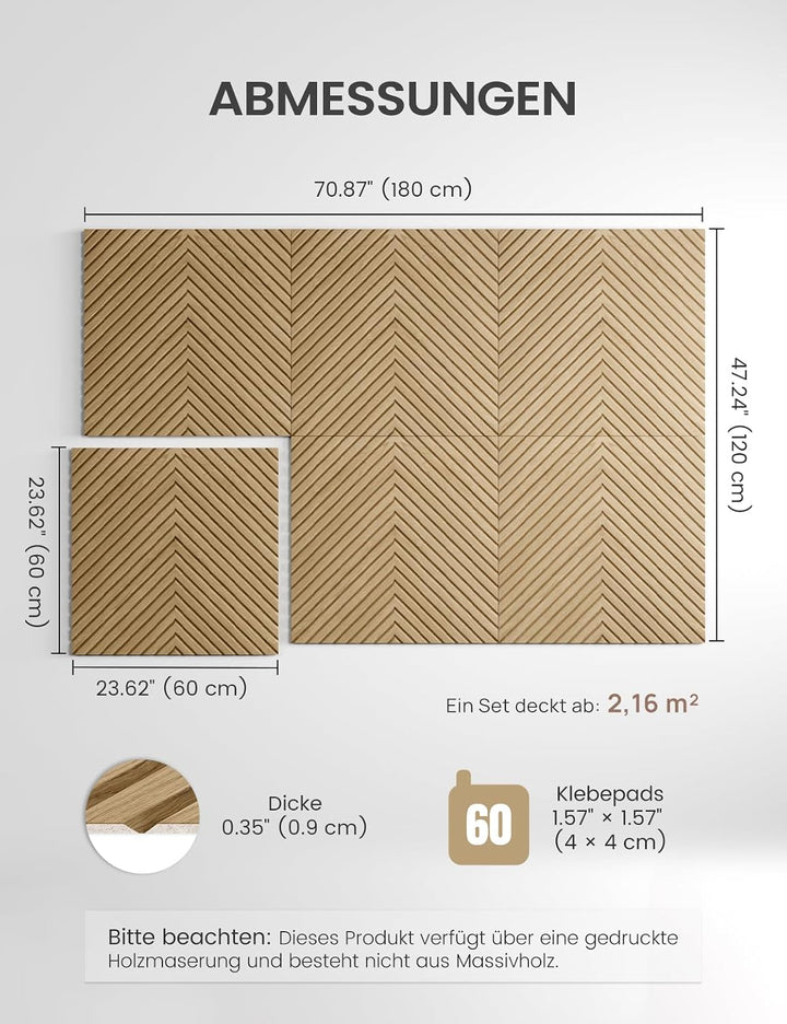 Fluxynara Akustikpaneele 180×120 cm, 6er-Set, Eiche Natur/Pyramide | Schallabsorbierende Wandpaneele